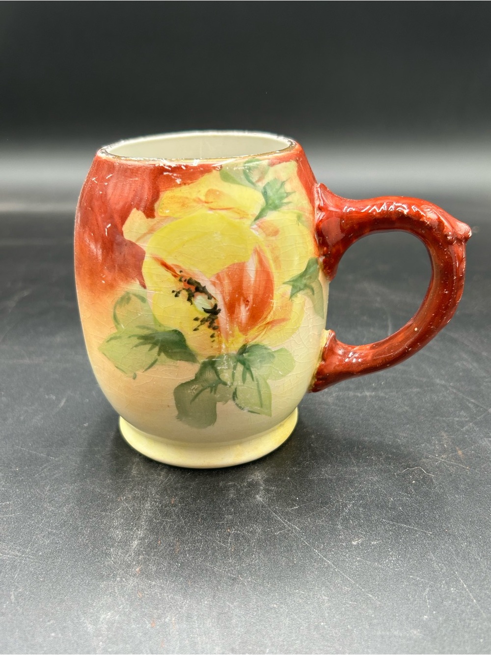 Hand-Painted Floral Ceramic Mug in Red and Yellow